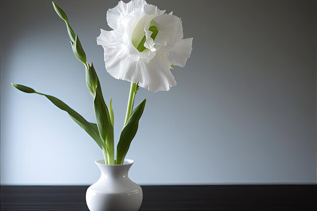 Une fleur blanche dans un vase avec une tige verte.