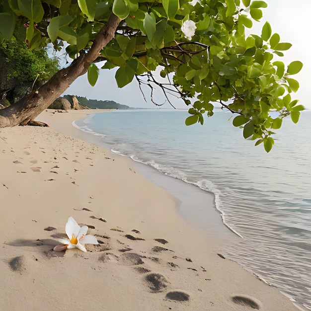 une fleur blanche est sur la plage à côté d'un arbre