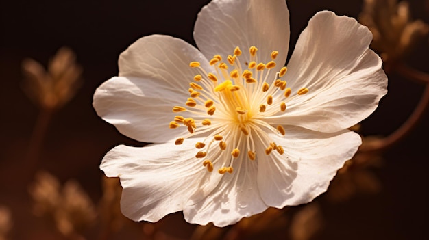 Une fleur blanche avec des étamines jaunes sur un fond brun
