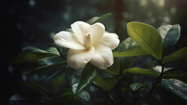 Une fleur blanche avec une feuille verte en arrière-plan