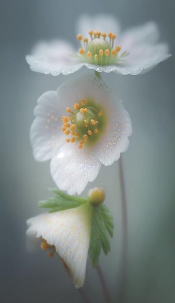 Une fleur blanche avec une feuille verte au centre