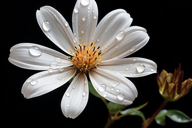 Une fleur blanche avec des gouttelettes d'eau dessus