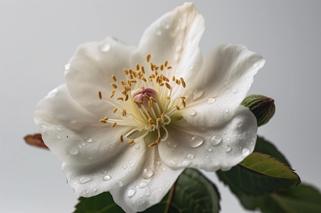Une fleur blanche avec des gouttes d'eau dessus