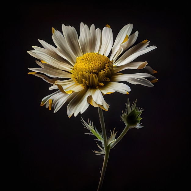 Une fleur blanche et jaune avec une tige verte et un centre jaune.