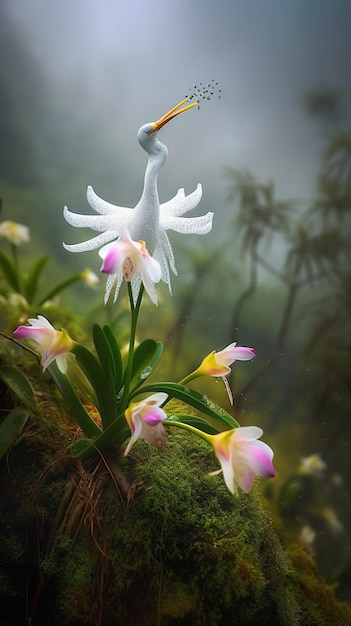 Une fleur blanche avec un oiseau blanc dessus