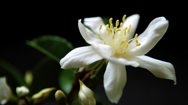 Une fleur blanche avec des pétales jaunes et une feuille verte