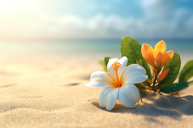 Une fleur blanche sur la plage avec le soleil derrière elle