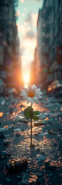 Photo une fleur blanche qui pousse sur une rue fissurée