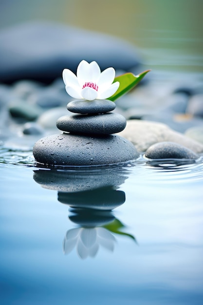 Une fleur blanche se trouve au sommet d'une pile de pierres zen.