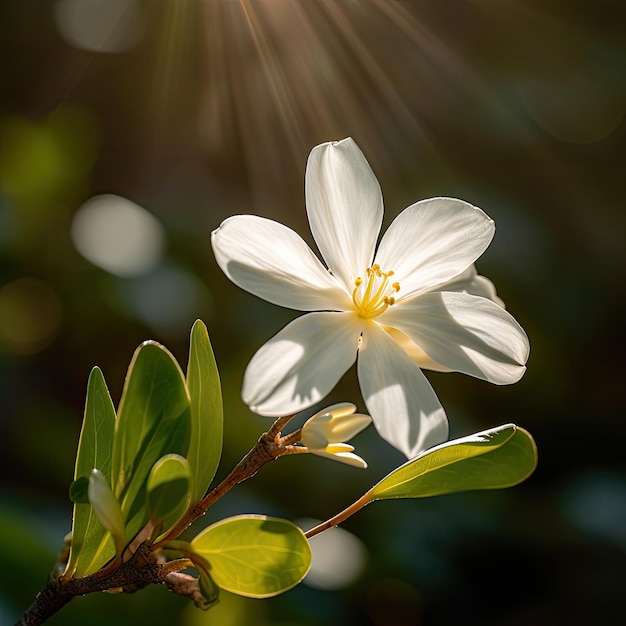 Une fleur blanche avec le soleil qui brille dessus