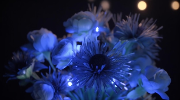 Une fleur bleue dans un vase avec une lumière bleue derrière elle.