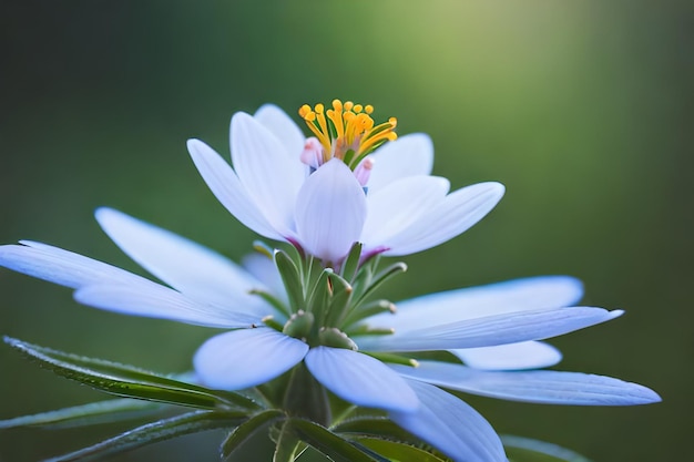 une fleur bleue avec des étamines jaunes et le centre jaune.