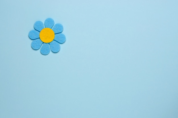 Fleur bleue en feutre sur fond bleu.