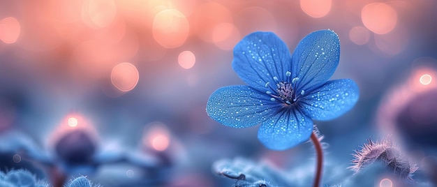 une fleur bleue avec des gouttes d'eau dessus