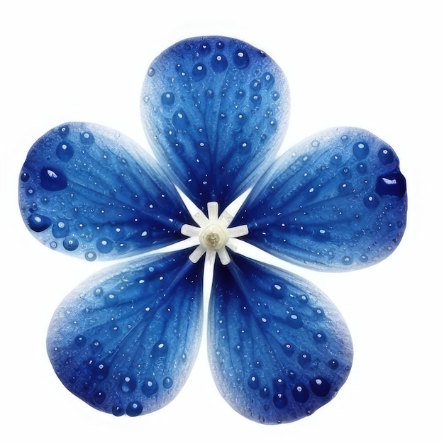 Une fleur bleue avec des gouttes d'eau dessus