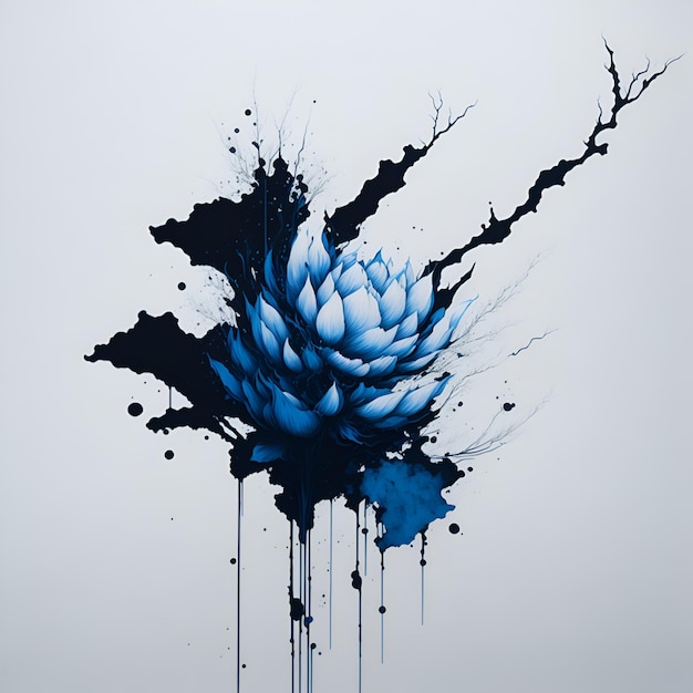 Une fleur bleue avec de la peinture noire et blanche est représentée.