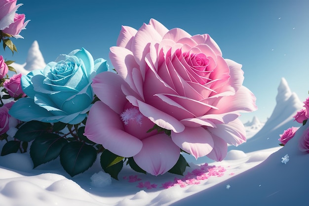 Une fleur bleue et rose avec une fleur rose et bleue au premier plan