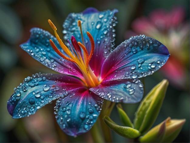 Photo une fleur bleue et rose avec des gouttes d'eau dessus