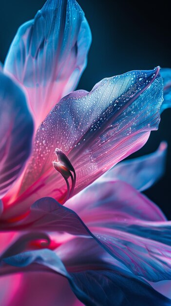 Une fleur bleue et rose vibrante recouverte de gouttes d'eau