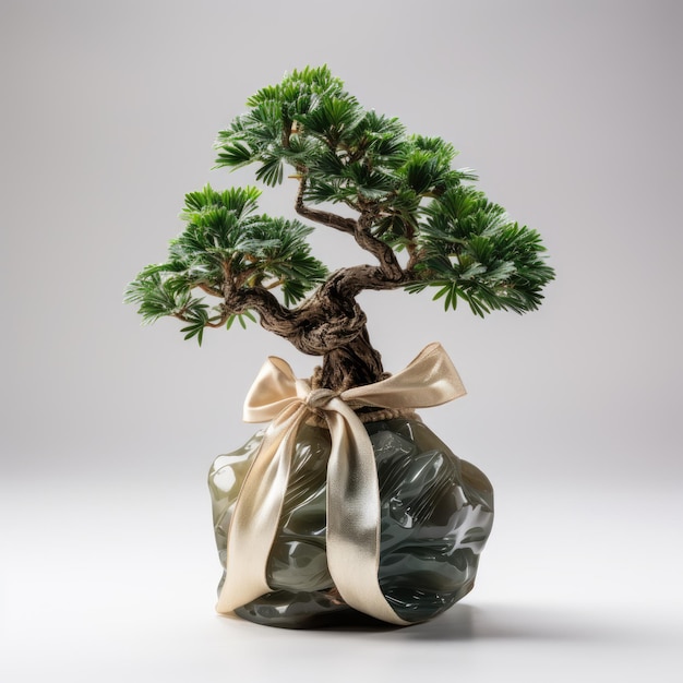 Une fleur de bonsai en miniature en pot enveloppée d'un ruban sur un fond blanc