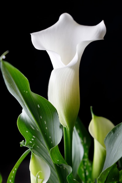 Fleur de calla blanche avec des feuilles vertes sur fond noir