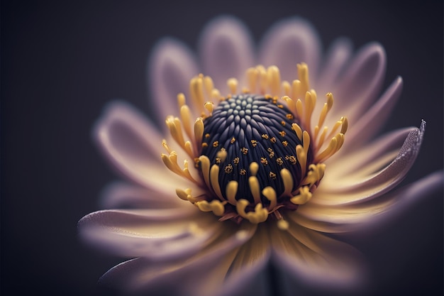 Une fleur avec un centre jaune et un fond noir