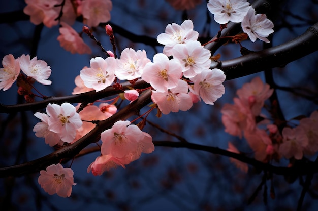 fleur de cerisier au printemps sur fond de ciel bleu avec des gouttes de pluie Close-up d'un cerisier sous la lumière douce d'une pleine lune