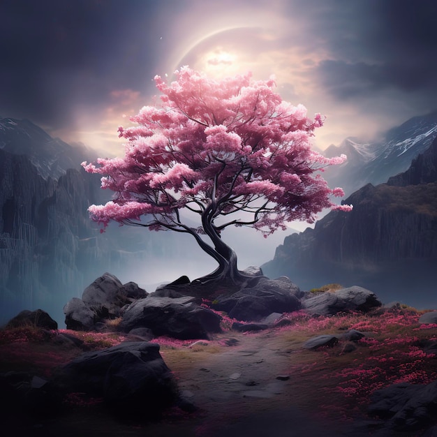 Fleur de cerisier dans de beaux arbres roses et illustration de la pleine lune IA générative