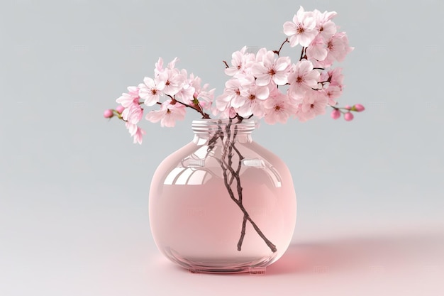 Fleur de cerisier isolée dans un vase en verre rose