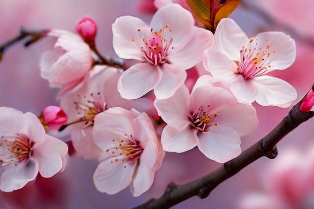 La fleur de cerisier orne le fond bourgeonnant avec des espaces libres plusieurs tiges de fleurs de cerisier