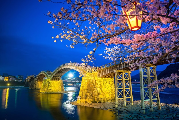 Photo la fleur de cerisier en pleine floraison sur le pont de kintaikyo