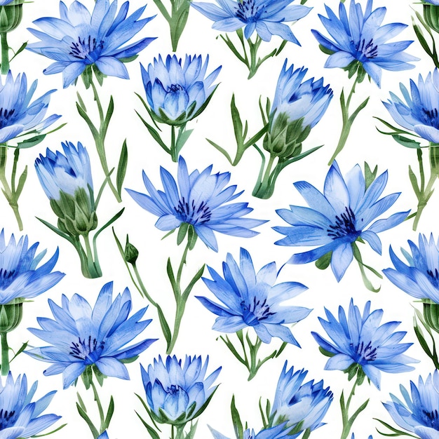 Fleur de chicorée aquarelle avec motif sans couture de feuilles