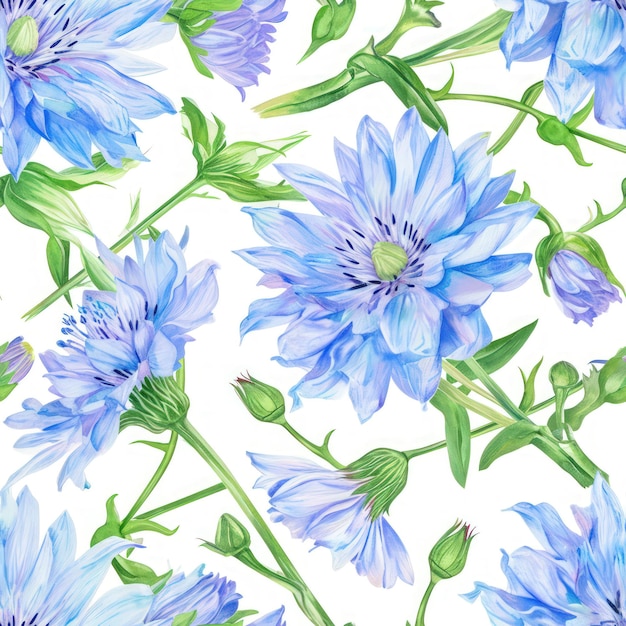 Fleur de chicorée aquarelle avec motif sans couture de feuilles