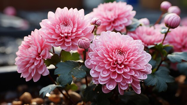 Fleur de chrysanthème rose avec des feuilles