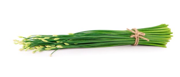 Fleur de ciboulette ou ciboulette chinoise isolé sur fond blanc