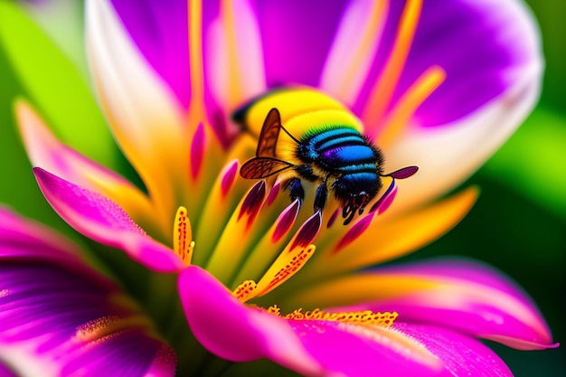 Une fleur colorée avec une abeille dessus