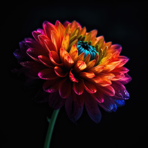 Une fleur colorée est éclairée par une ai générative de fond noir