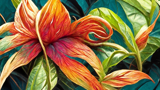 Fleur colorée sur fond de nature feuillage tropical foncé illustration 3D