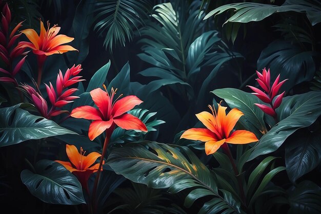 Photo fleur colorée sur un fond naturel de feuillage tropical sombre