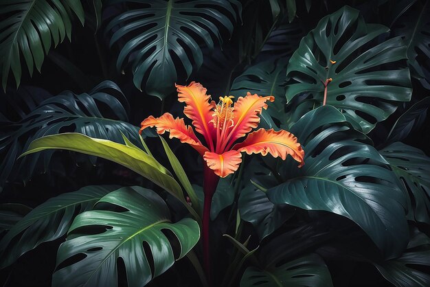 Photo fleur colorée sur un fond naturel de feuillage tropical sombre