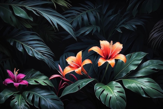 fleur colorée sur un fond naturel de feuillage tropical sombre