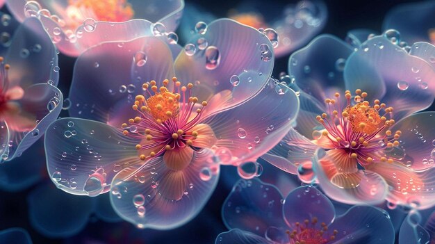 une fleur colorée avec des gouttes d'eau dessus