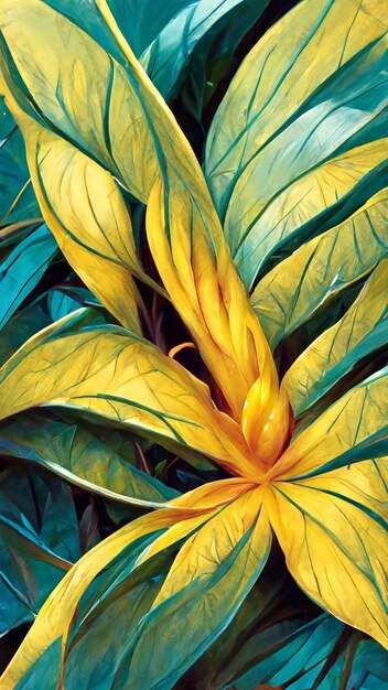 Fleur colorée jaune sur fond de nature feuillage tropical foncé illustration 3D