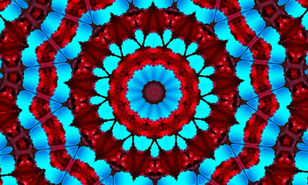 Photo fleur concentrique mandala cyan sur fond rouge sanglant centre kaléidoscope modèle de conception kaléidoscopique