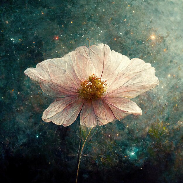 Fleur cosmique artistique avec galaxies espace profond sombre et étoiles en arrière-plan pétales de fleurs roses