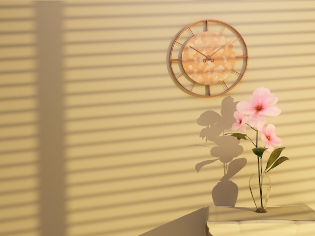 Fleur De Cosmos Dans Un Vase En Verre Avec Horloge Et Scène D'ombre Rendu 3d