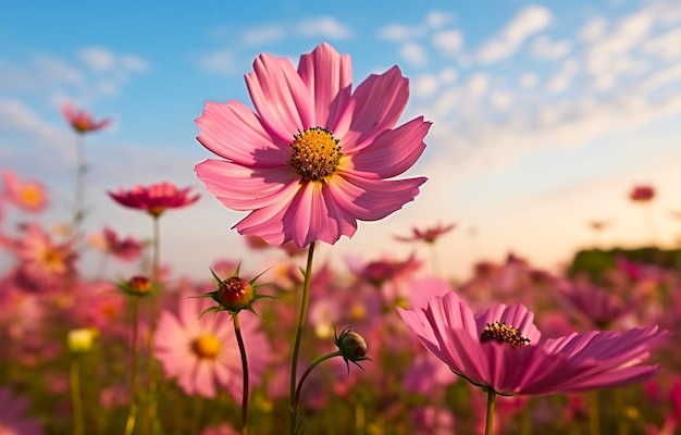 Une fleur de cosmos face au lever du soleil dans le champ AI générative