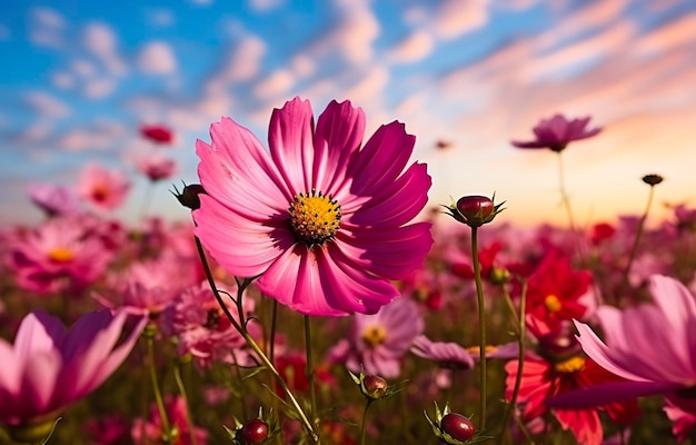 Une fleur de cosmos face au lever du soleil dans le champ AI générative