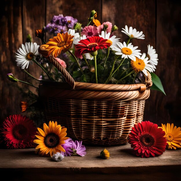 Photo une fleur de couleur différente est dans le coin d'une image un grand panier