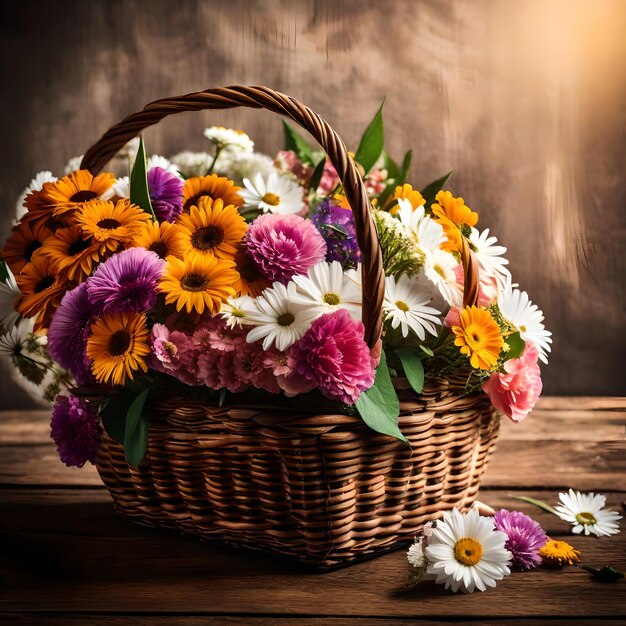 Photo une fleur de couleur différente est dans le coin d'une image un grand panier